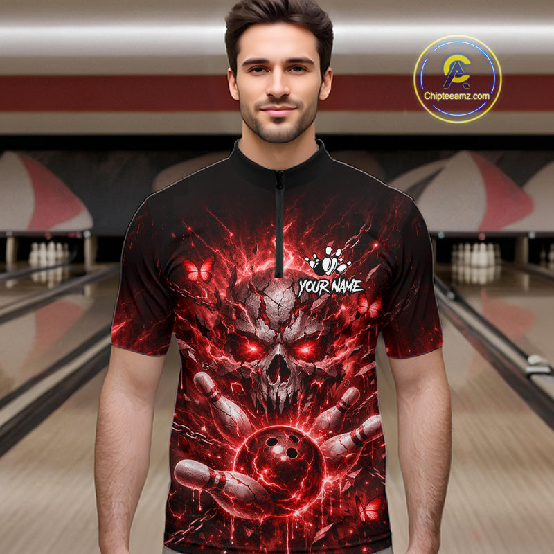 Personalized Red Butterfly Skull Bowling Shirt For Men Custom Bowling Jersey Polo & 1/4 Zip TDM6385