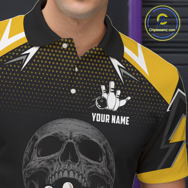 Yellow Black Funny Beer Skull Bowling Shirt For Men Custom Bowling Team Jersey Polo & 1/4 Zip TDM6388