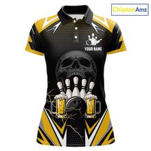 Load image into Gallery viewer, Yellow Black Funny Beer Skull Bowling Shirt For Women Custom Bowling Team Jersey Polo &amp; 1/4 Zip TDM6388