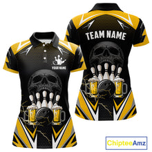 Load image into Gallery viewer, Yellow Black Funny Beer Skull Bowling Shirt For Women Custom Bowling Team Jersey Polo &amp; 1/4 Zip TDM6388
