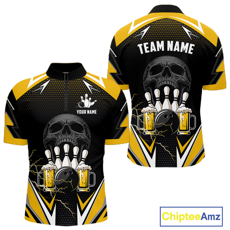 Yellow Black Funny Beer Skull Bowling Shirt For Men Custom Bowling Team Jersey Polo & 1/4 Zip TDM6388