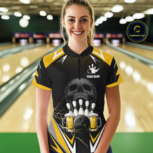 Load image into Gallery viewer, Yellow Black Funny Beer Skull Bowling Shirt For Women Custom Bowling Team Jersey Polo &amp; 1/4 Zip TDM6388