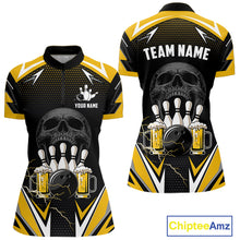 Load image into Gallery viewer, Yellow Black Funny Beer Skull Bowling Shirt For Women Custom Bowling Team Jersey Polo &amp; 1/4 Zip TDM6388