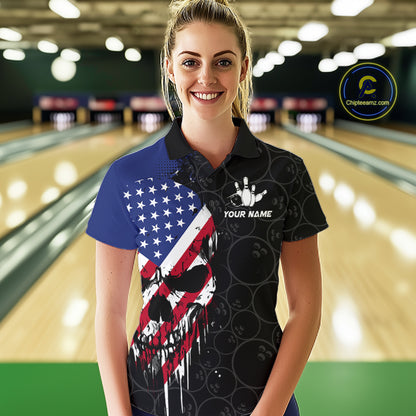 Custom American Flag Skull Bowling Jersey For Women, Patriotic Bowling Team Shirt Polo & 1/4 Zip TDM6389