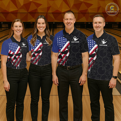 Custom American Flag Skull Bowling Jersey For Men, Patriotic Bowling Team Shirt Polo & 1/4 Zip TDM6389