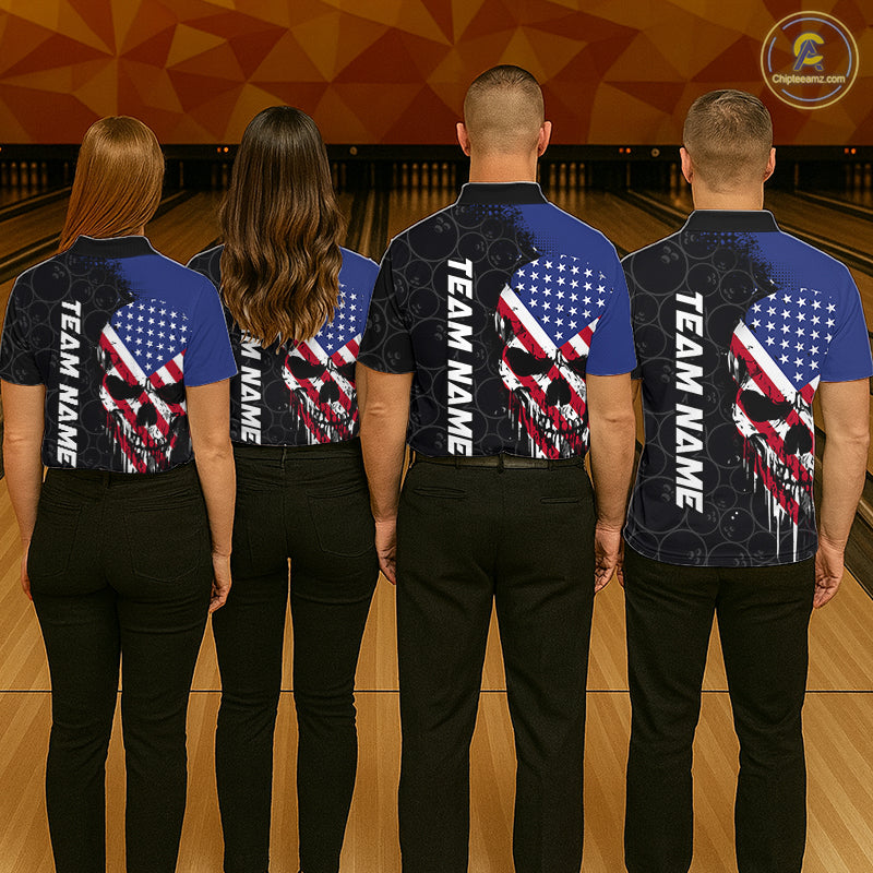 Custom American Flag Skull Bowling Jersey For Men, Patriotic Bowling Team Shirt Polo & 1/4 Zip TDM6389