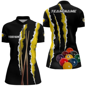 Personalized Yellow Black 9 Ball Pool 3D Printed Women Billiard Shirts, 9 Ball Billiard Team Jerseys TDM1856