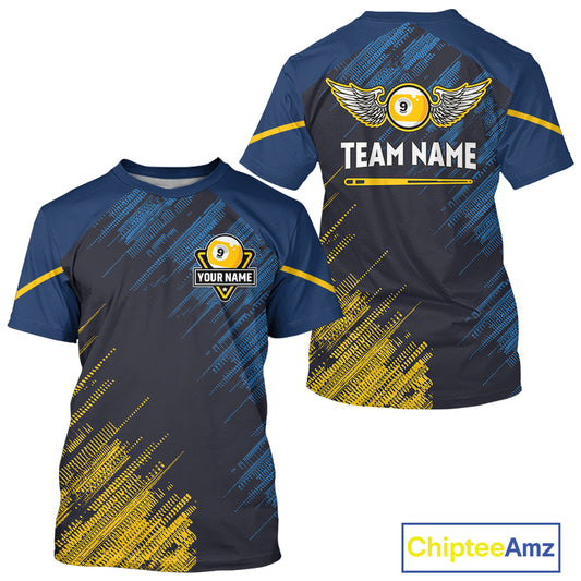 Personalized Blue Yellow 9 Ball Pool Wings Billiard T-Shirts, 9 Ball Billiard Team Jersey For Men TDM3776