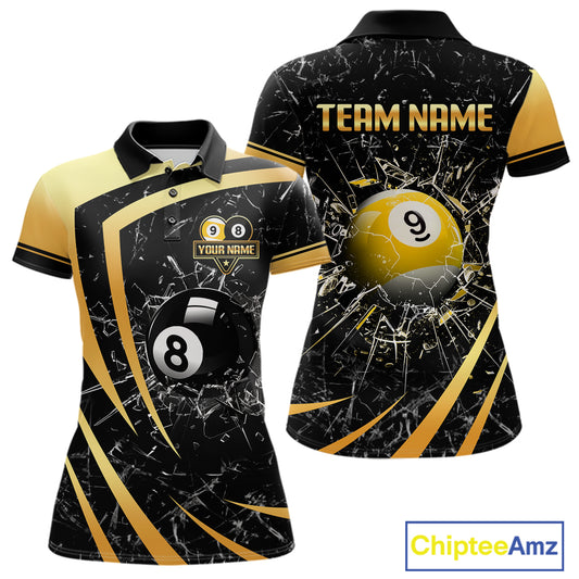 Black And Gold 8 Ball & 9 Ball Glass Break Billiard Shirt For Women Custom Pool Team Jersey Outfit TDM6151