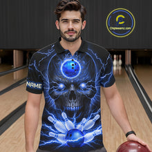 Load image into Gallery viewer, Personalized Lightning Skull Blue Bowling Shirt For Men, Bowling Team Jersey Polo &amp; 1/4 Zip TDM6159