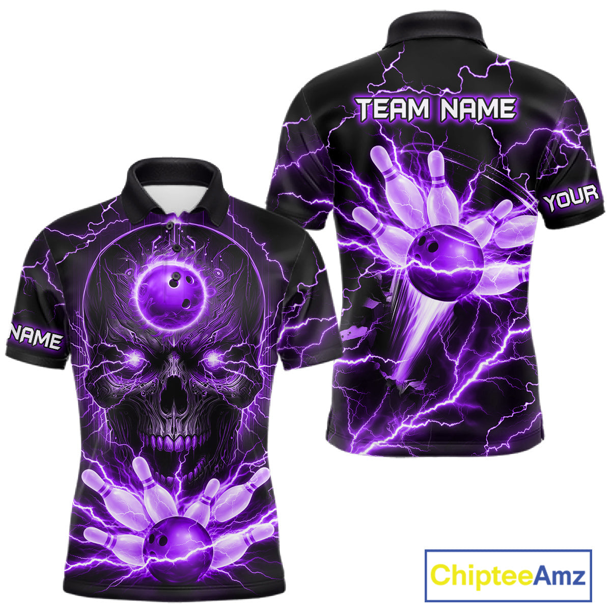 Personalized Lightning Skull Purple Bowling Shirt For Men, Bowling Team Jersey Polo & 1/4 Zip TDM6161