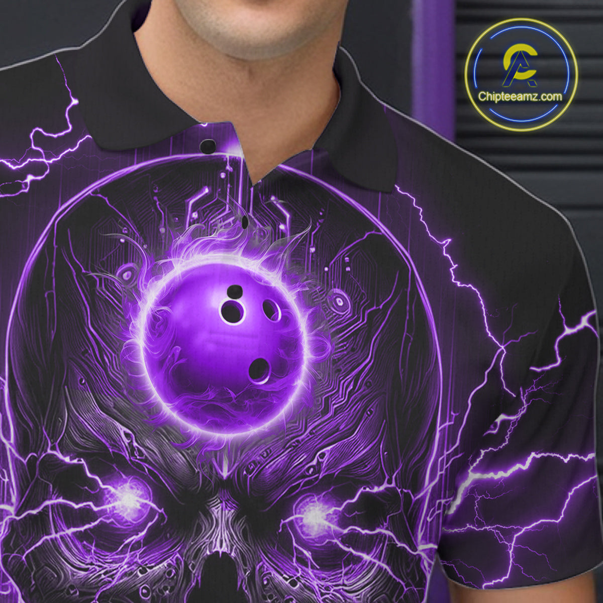 Personalized Lightning Skull Purple Bowling Shirt For Men, Bowling Team Jersey Polo & 1/4 Zip TDM6161