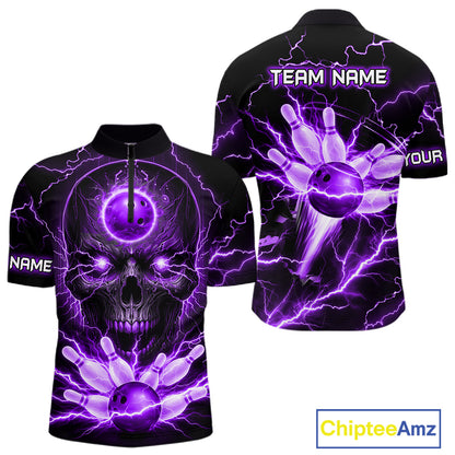 Personalized Lightning Skull Purple Bowling Shirt For Men, Bowling Team Jersey Polo & 1/4 Zip TDM6161