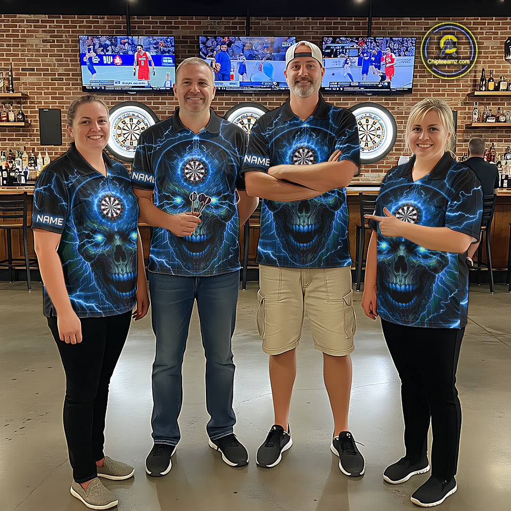 Personalized Blue Darts Skull Men Polo Shirts Custom Lightning Thunder Team League Darts Jersey TDM1511