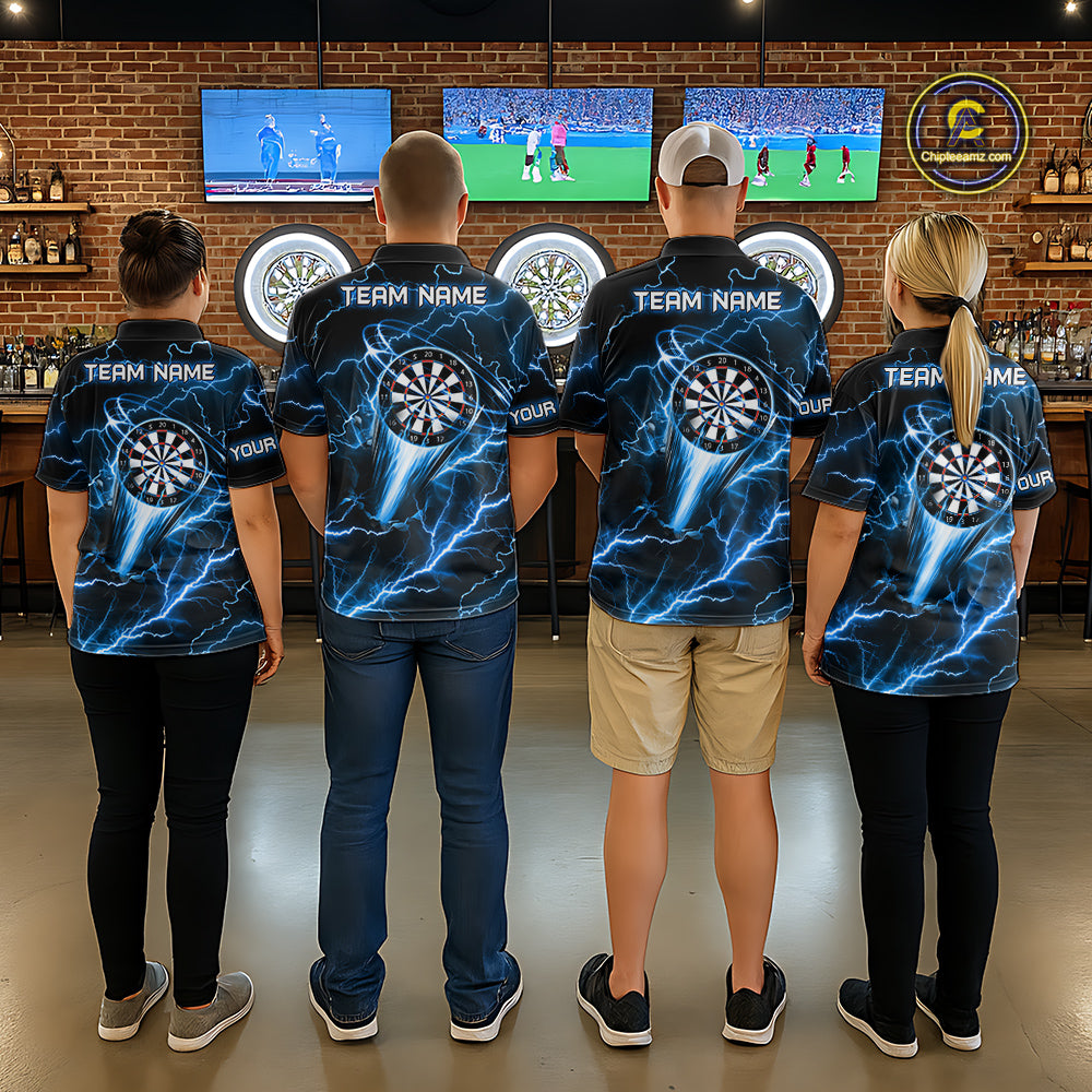 Personalized Blue Darts Skull Men Polo Shirts Custom Lightning Thunder Team League Darts Jersey TDM1511
