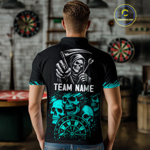 Load image into Gallery viewer, Custom Men&#39;s Grim Reaper Dart Shirt – Black Cyan Grunge Dart Jersey Team Polo &amp; Quarter Zip Style TDM4068
