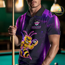 Load image into Gallery viewer, Man wearing a neon funny bee 8 ball custom billiard jersey front view, personalized pool team shirt.