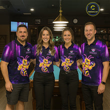 Load image into Gallery viewer, Pool team wearing matching neon funny bee 8 ball custom billiard jerseys during tournament competition front view.