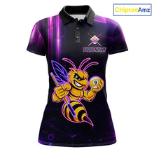 Load image into Gallery viewer, Neon funny bee 9 ball custom billiard polo shirt for women, personalized pool team jersey for tournaments.