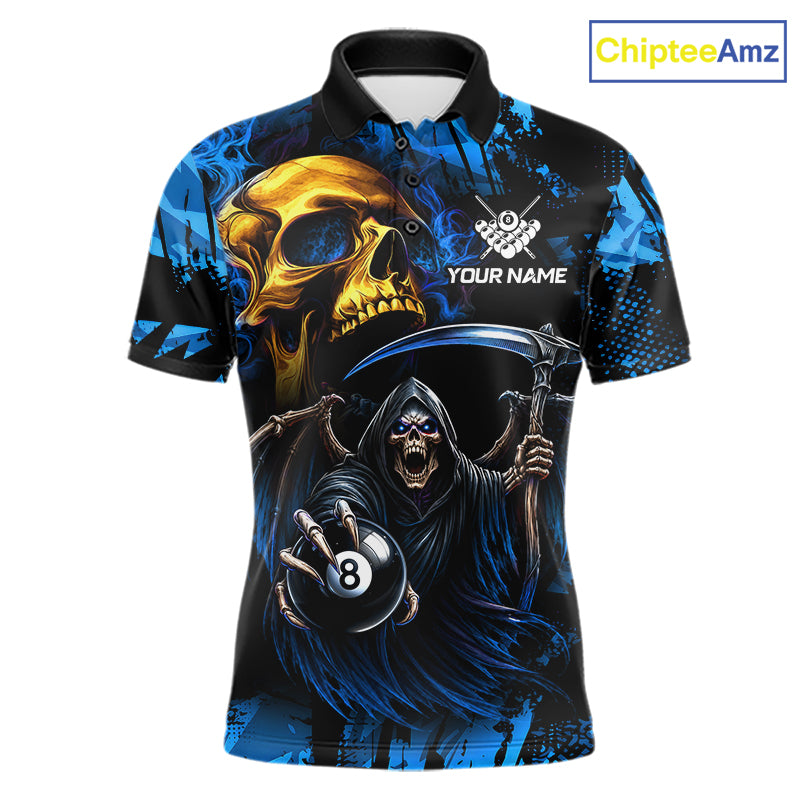 Blue Grim Reaper Skull 8 Ball Billiard Pool Polo Shirt Featuring Bold Skull Artwork for Pool League Players, Tournament Competition, and Custom Team Jerseys