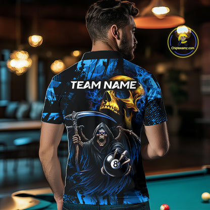 Man Wearing Blue Grim Reaper Skull 8 Ball Custom Billiard League Team Jersey Featuring the Complete Rear Graphic Design, Back View