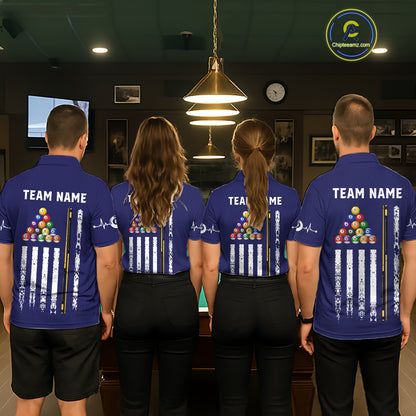 Customized Navy Blue American Flag Billiard Shirt For Men, 8 Ball Pool Team Jersey Polo & 1/4 Zip TDM6586