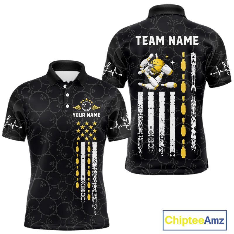 Black polo shirt with customizable text and American graphics.