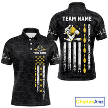 Load image into Gallery viewer, Black polo shirt with customizable text and American graphics.
