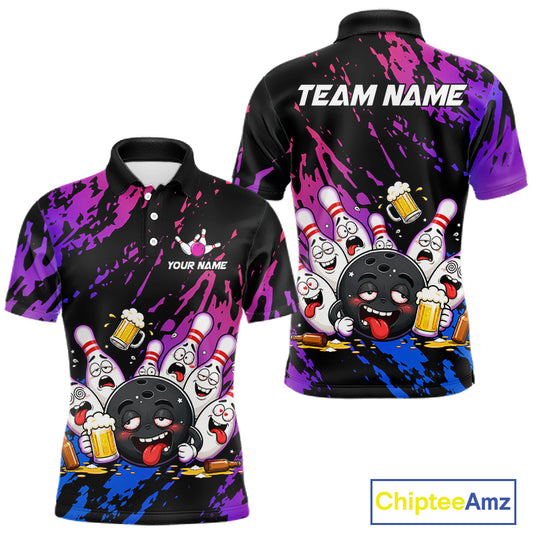Bowling-themed polo shirt with cartoon bowling pins and a black bowling ball, on a black and purple splatter pattern.