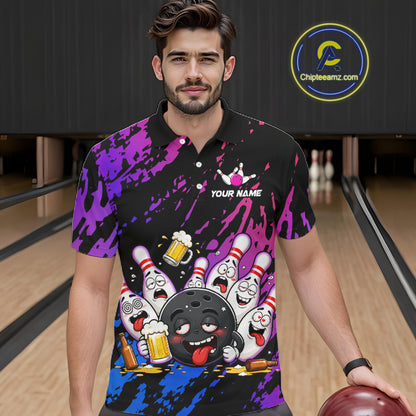 Custom Blue Purple Drunk Bowling Balls And Pins Funny Bowling Shirts For Men, Beer Bowling Jersey TDM6596