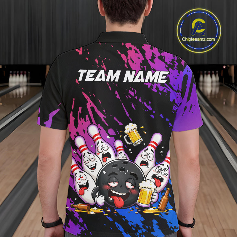 Custom Blue Purple Drunk Bowling Balls And Pins Funny Bowling Shirts For Men, Beer Bowling Jersey TDM6596