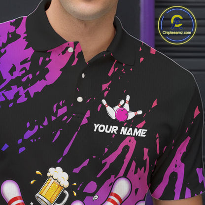 Custom Blue Purple Drunk Bowling Balls And Pins Funny Bowling Shirts For Men, Beer Bowling Jersey TDM6596