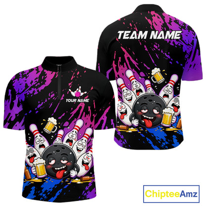 Custom Blue Purple Drunk Bowling Balls And Pins Funny Bowling Shirts For Men, Beer Bowling Jersey TDM6596