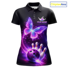 Load image into Gallery viewer, Black polo shirt with butterfly and bowling design, customizable your name &amp; team name