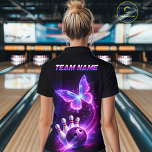 Load image into Gallery viewer, Person wearing a black shirt with a colorful design of a butterfly, bowling ball, and pins on the back, with 'TEAM NAME' text.
