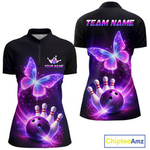 Load image into Gallery viewer, Black quarter zip shirt with butterfly and bowling design, customizable your name &amp; team name