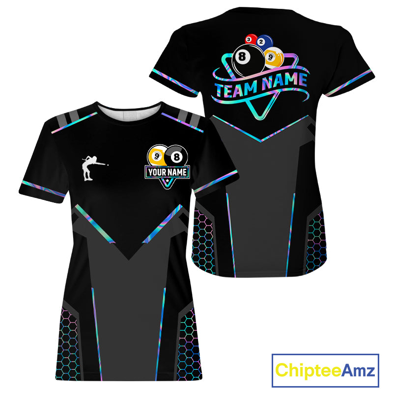 Personalized Holographic 8 Ball & 9 Ball Pool Billiard T-Shirt For Women, Billiard League Team Jersey TDM4253