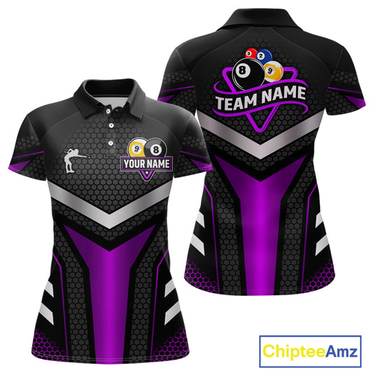 Personalized Billiard 8 Ball & 9 Ball Pool Polo, 1/4 Zip For Women Custom Team Billiard Jersey|Purple TDM4254