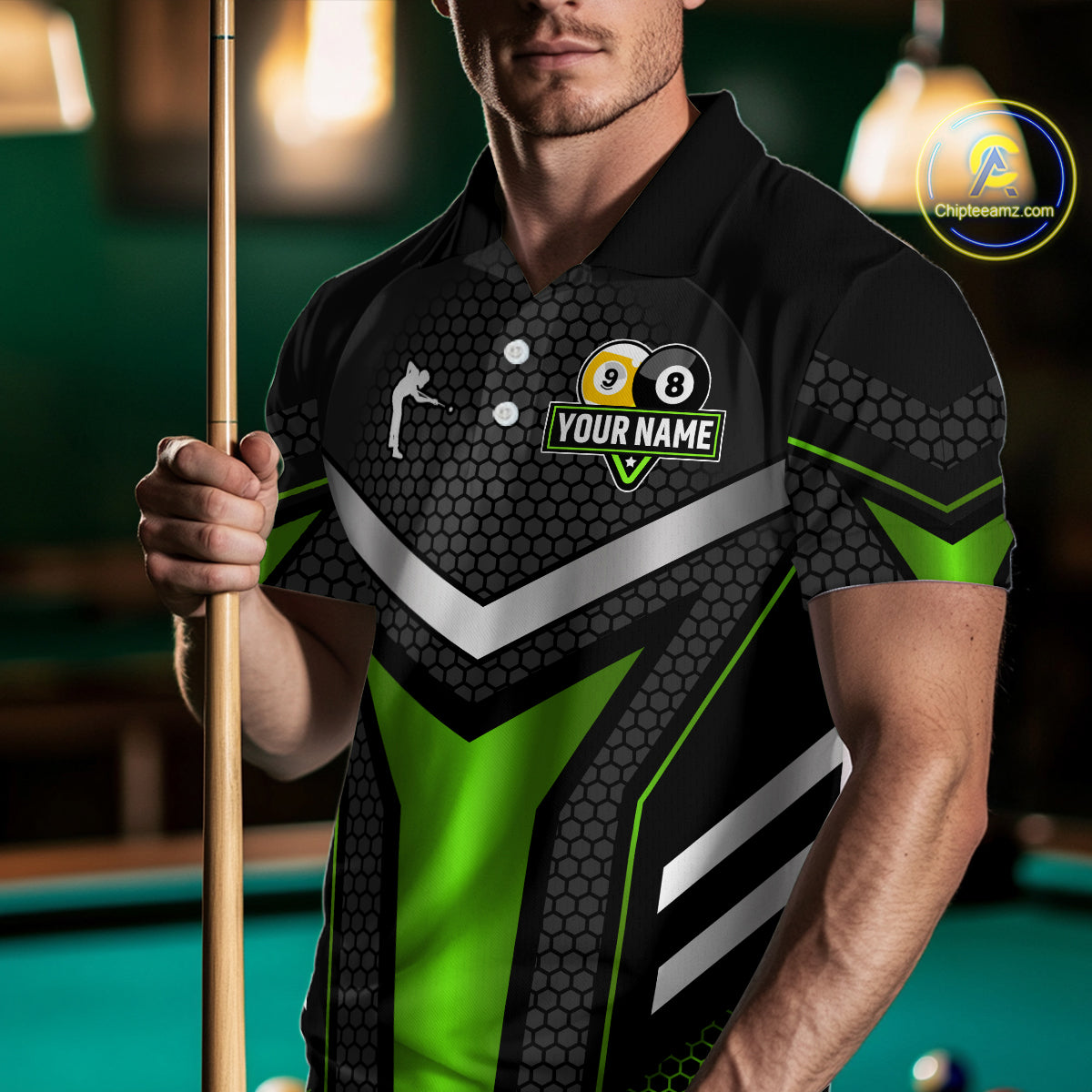 Personalized Billiard 8 Ball & 9 Ball Pool Polo, 1/4 Zip For Men Custom Team Billiard Jersey|Green TDM4256