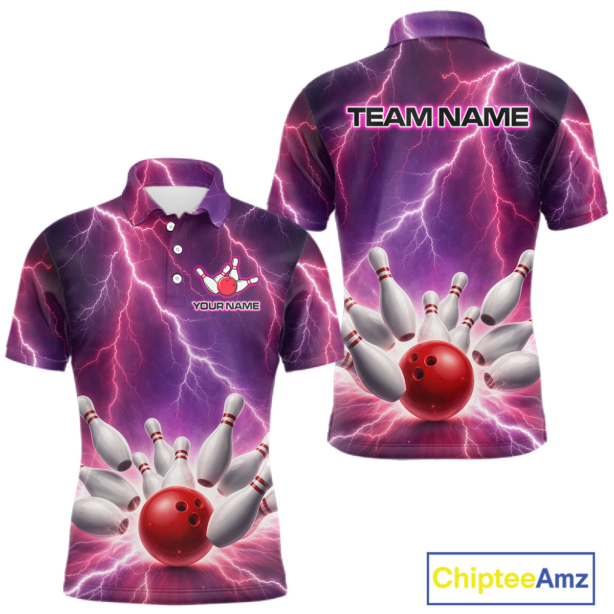 Custom Thunder Lightning Red & Purple Bowling Shirt For Men, Bowling Team Jersey Polo & 1/4 Zip TDM6189