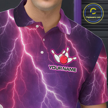 Custom Thunder Lightning Red & Purple Bowling Shirt For Men, Bowling Team Jersey Polo & 1/4 Zip TDM6189