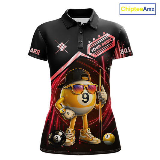 Black and red billiard polo shirt with funny 9 ball design, customizable your name & team name pool jersey for women