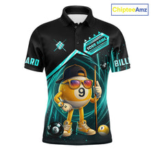 Load image into Gallery viewer, Black and turquoise billiard polo shirt with funny 9 ball design, customizable your name &amp; team name pool jersey for men