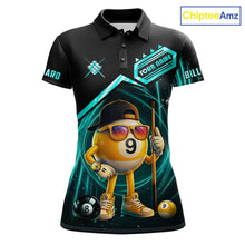 Load image into Gallery viewer, Black and turquoise billiard polo shirt with funny 9 ball design, customizable your name &amp; team name pool jersey for women
