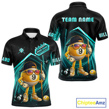 Load image into Gallery viewer, Black and turquoise billiard polo shirt with funny 9 ball design, customizable your name &amp; team name pool jersey for men