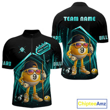 Load image into Gallery viewer, Black and turquoise billiard quarter zip shirt with funny 9 ball design, customizable your name &amp; team name pool jersey for men