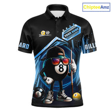 Load image into Gallery viewer, Black and blue billiard polo shirt with funny 8 ball and 9 ball design, customizable your name &amp; team name pool jersey for men