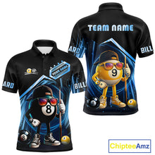 Load image into Gallery viewer, Black and blue billiard polo shirt with funny 8 ball and 9 ball design, customizable your name &amp; team name pool jersey for men