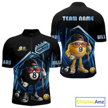 Load image into Gallery viewer, Black and blue billiard quarter zip shirt with funny 8 ball and 9 ball design, customizable your name &amp; team name pool jersey for men