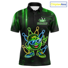 Load image into Gallery viewer, Green funny neon bowling ball custom bowling polo shirt for men, personalized bowling team jersey for league tournaments.